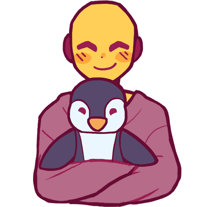 a figure in a long-sleeved burgundy shirt hugging a penguin plushie